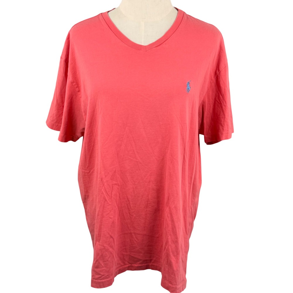 Polo Ralph Lauren M T Shirt Coral V Neck Pony Logo Preppy Casual Designer GUC